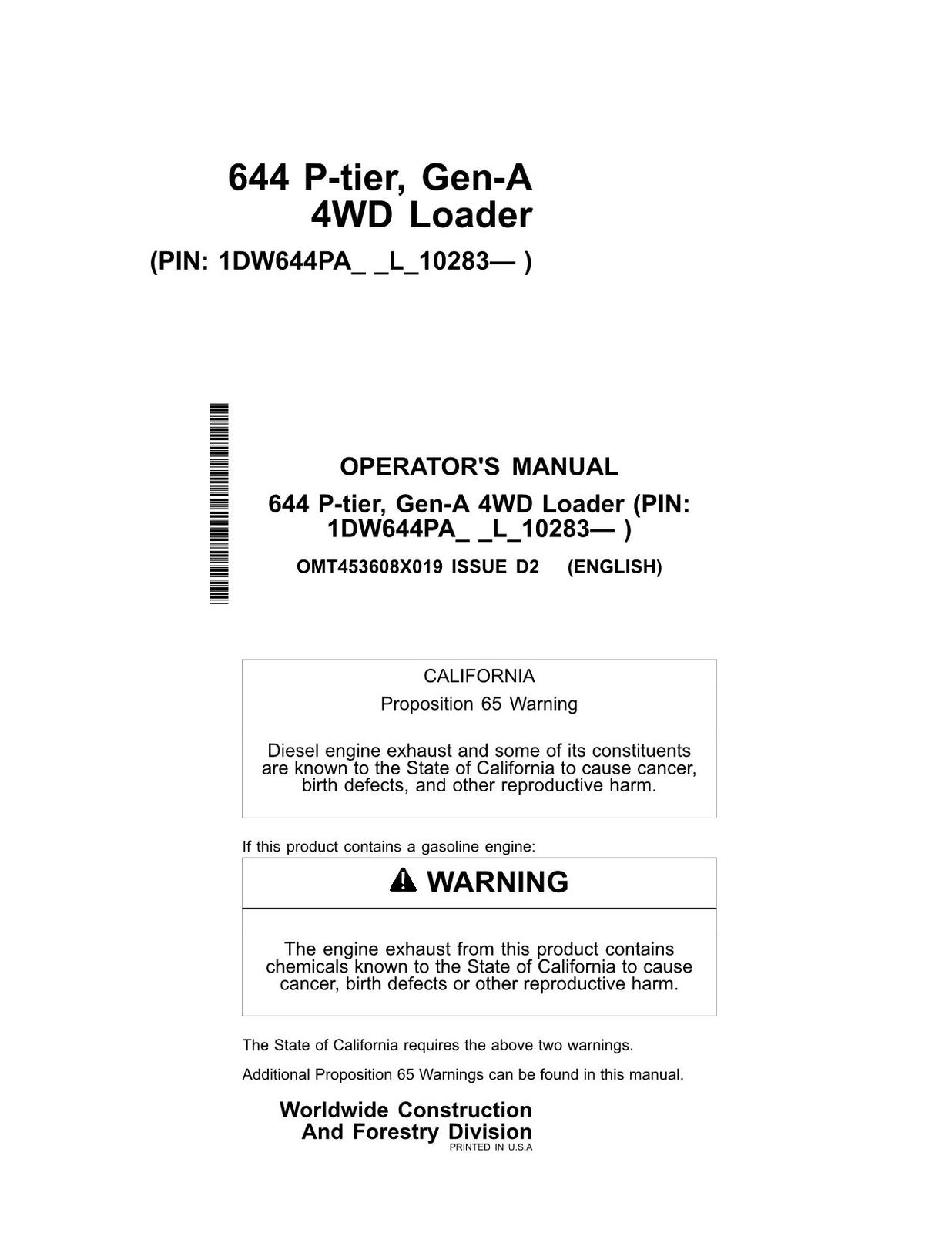 JOHN DEERE 644P LOADER OPERATORS MANUAL