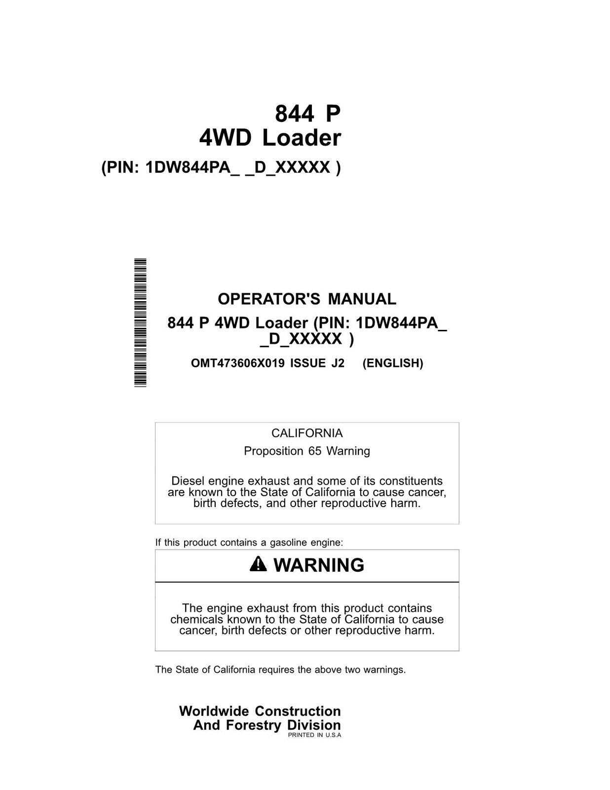 JOHN DEERE 844P LOADER OPERATORS MANUAL