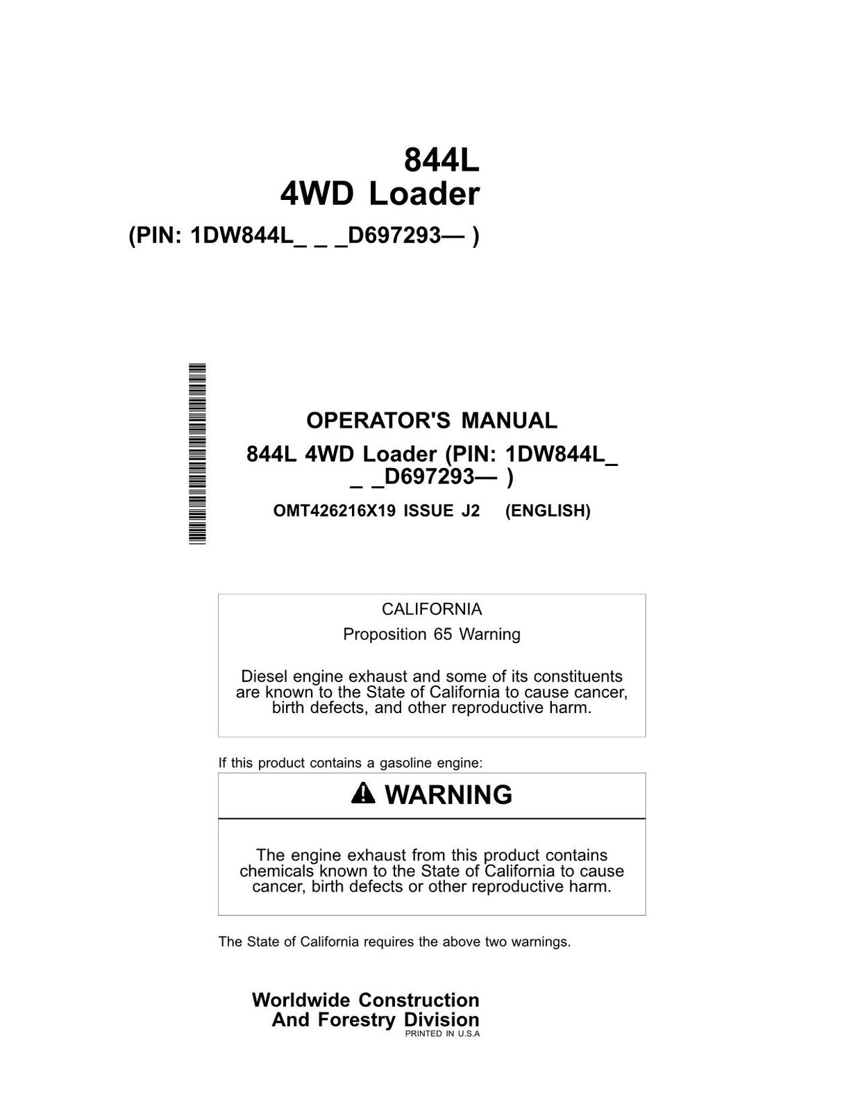 JOHN DEERE 844L LOADER OPERATORS MANUAL