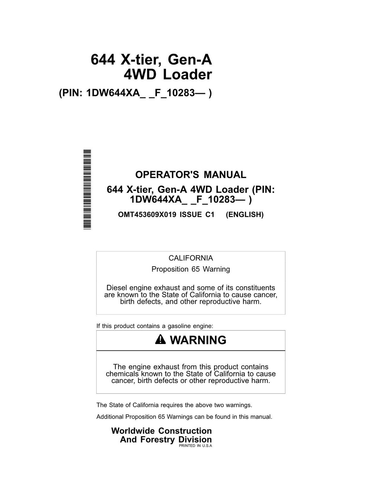 JOHN DEERE 644X LOADER OPERATORS MANUAL