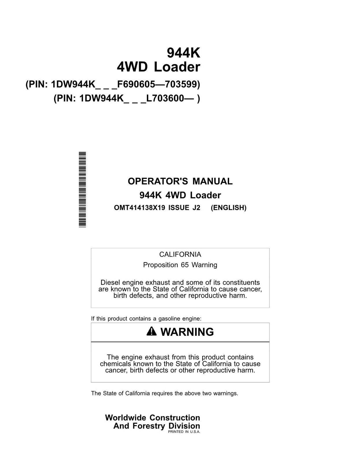 JOHN DEERE 944K LOADER OPERATORS MANUAL #1