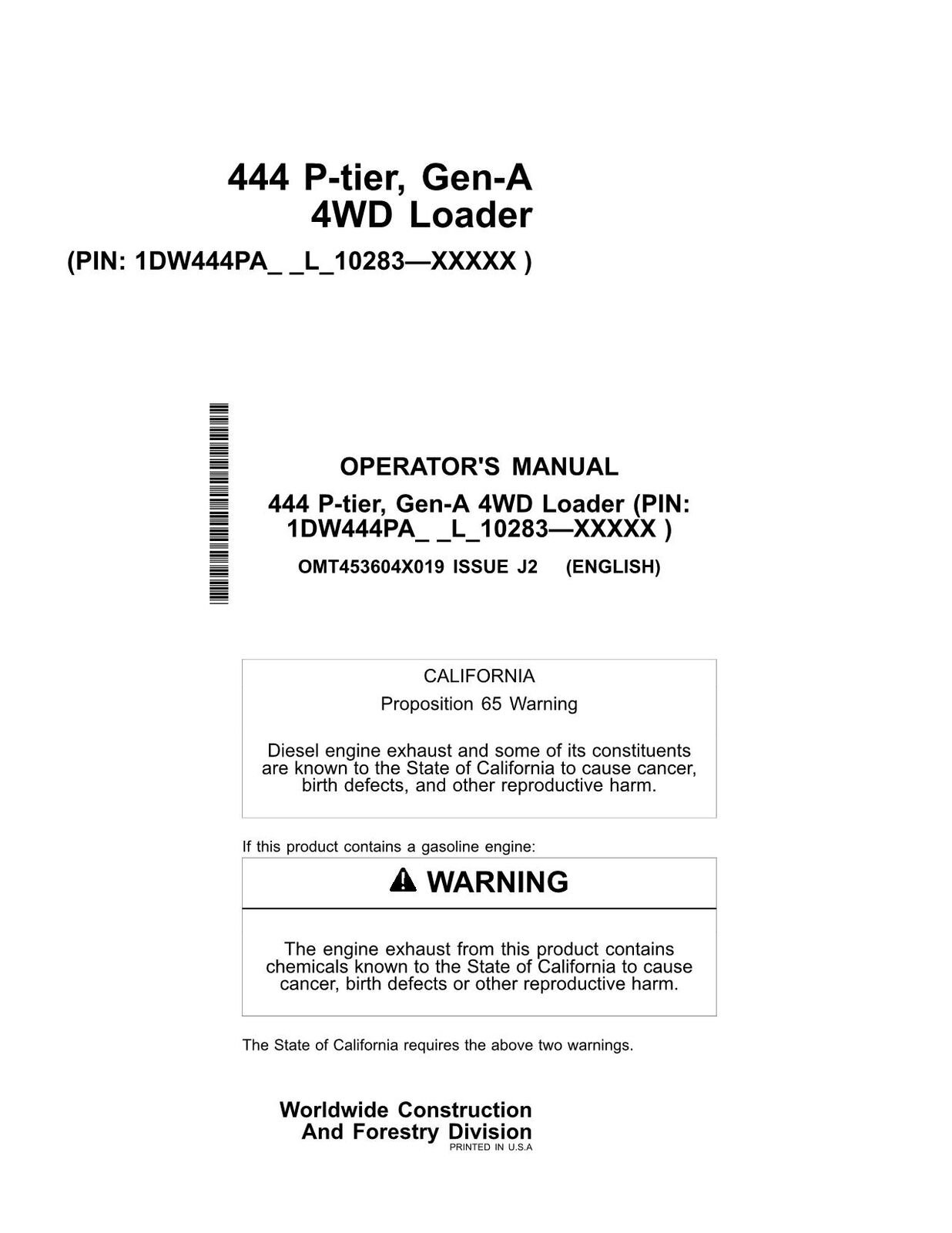 JOHN DEERE 444P LOADER OPERATORS MANUAL