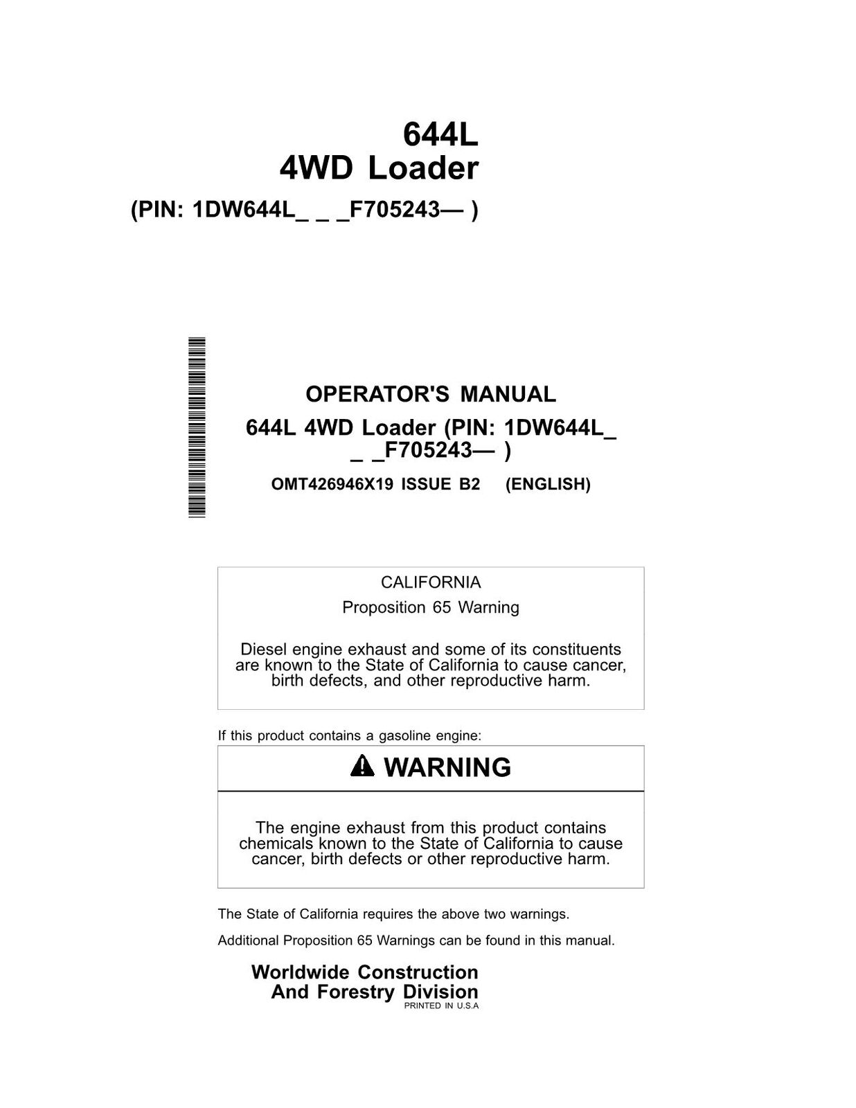 JOHN DEERE 644L HYBRID LOADER OPERATORS MANUAL