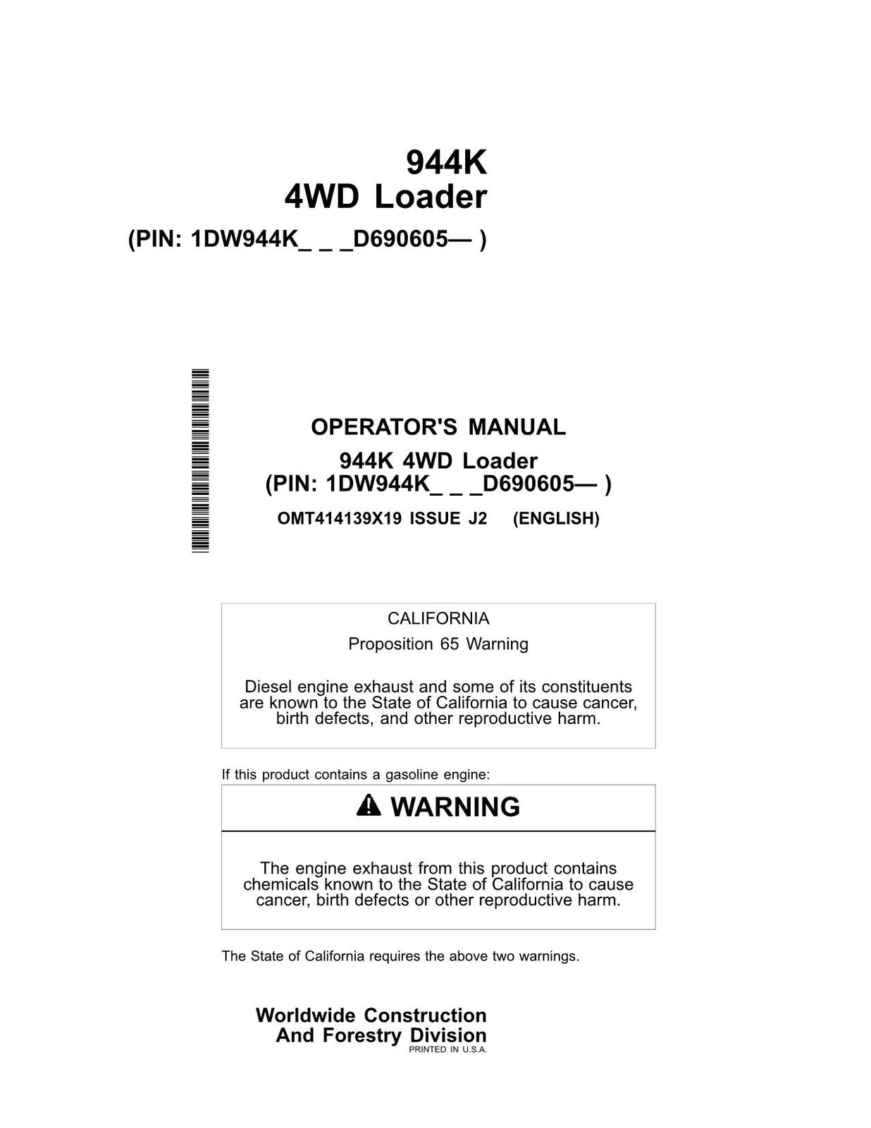 JOHN DEERE 944K LOADER OPERATORS MANUAL #3