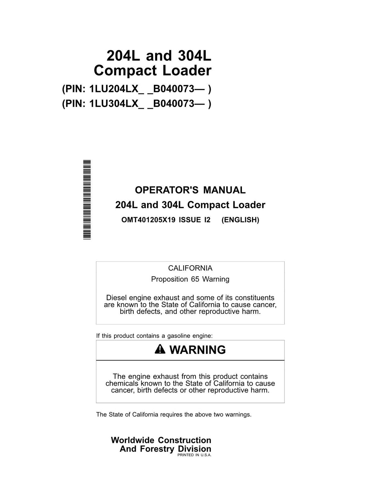 JOHN DEERE 204L 304L LOADER OPERATORS MANUAL