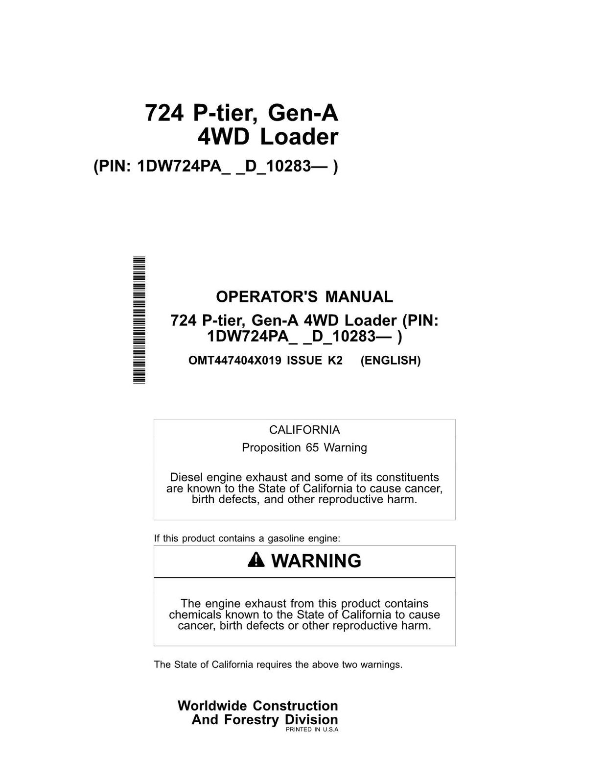 JOHN DEERE 724P LOADER OPERATORS MANUAL #2