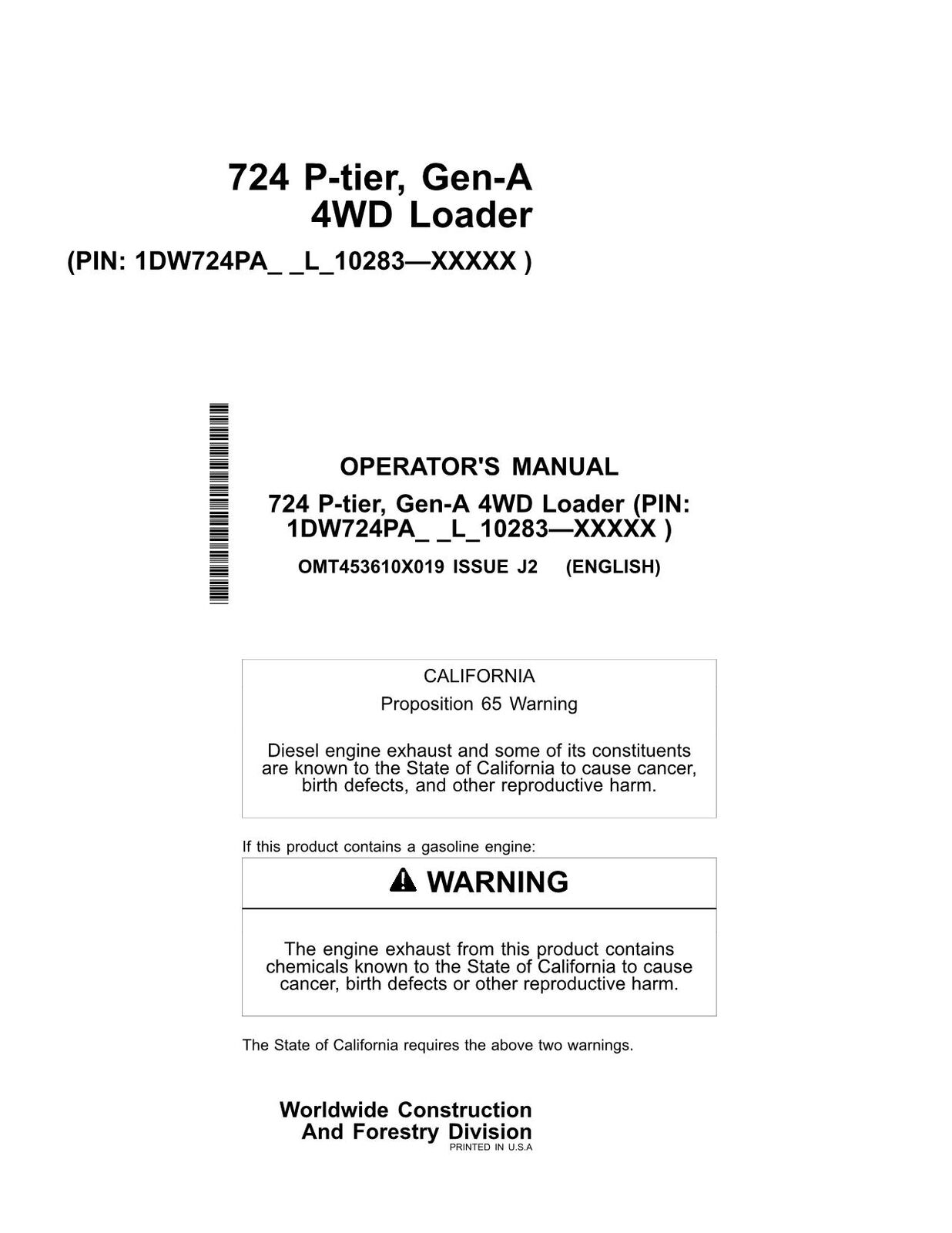 JOHN DEERE 724P LOADER OPERATORS MANUAL #1