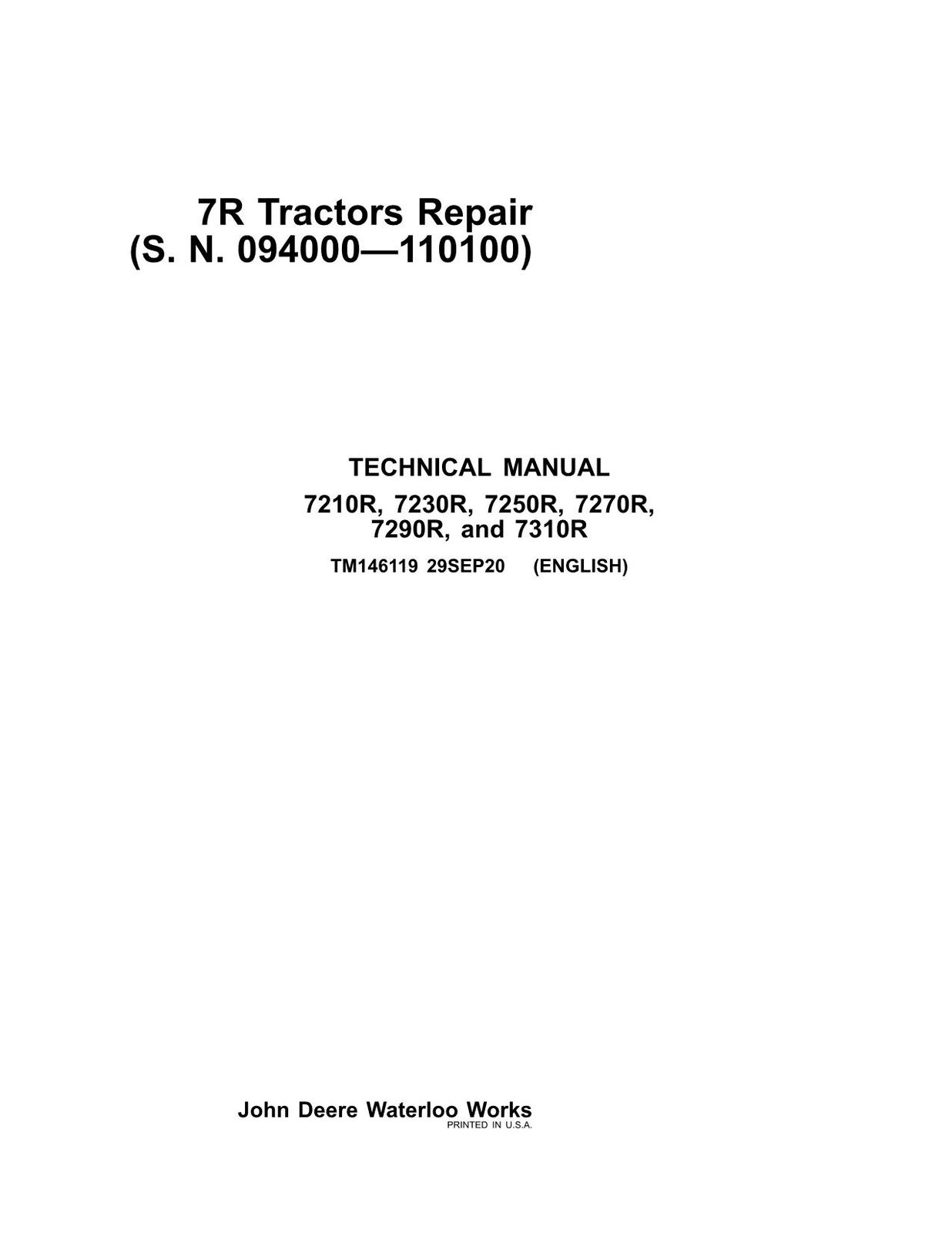 JOHN DEERE 7210R 7230R 7250R 7270R 7290R 7310R TRACTOR REPAIR SERVICE MANUAL #1