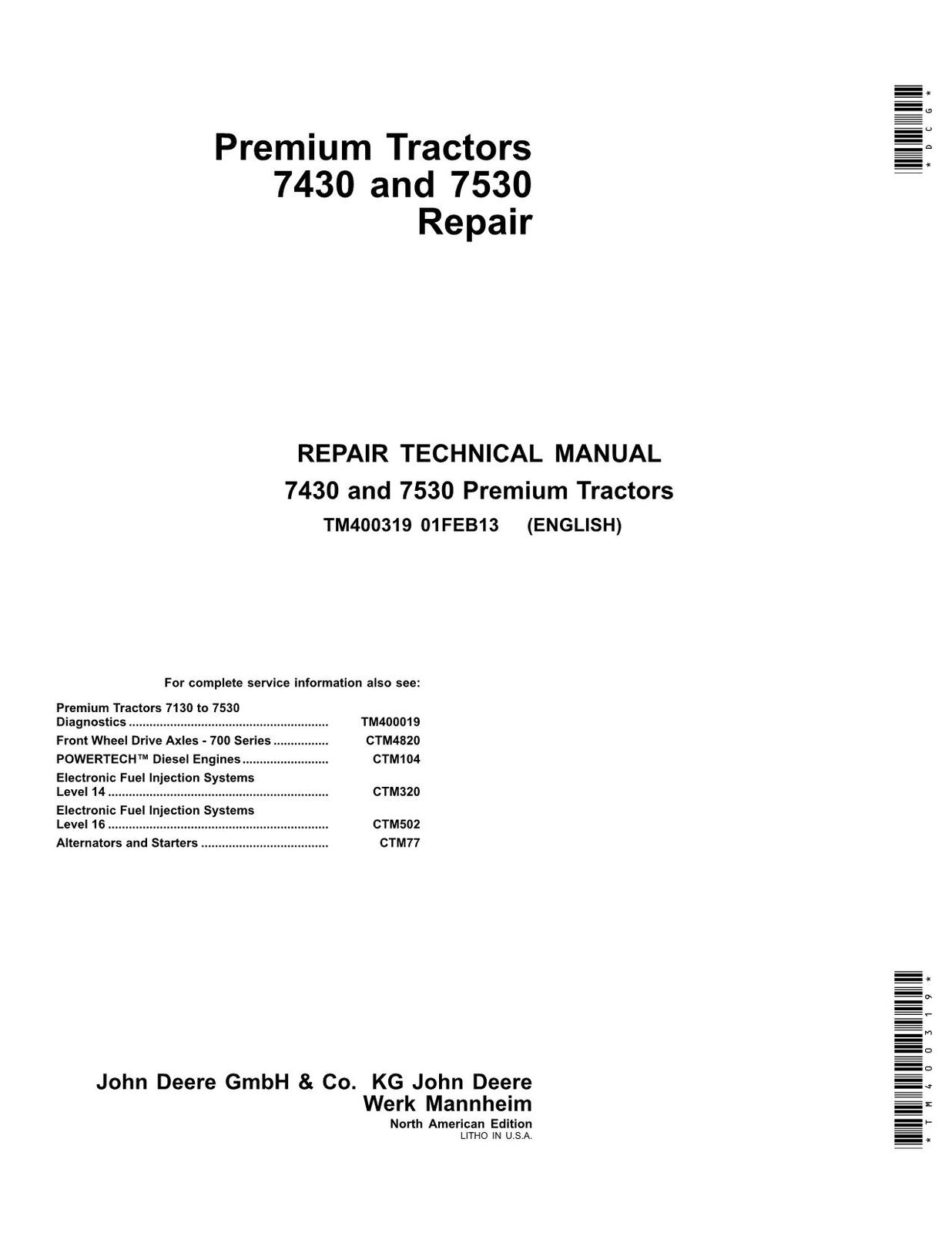 JOHN DEERE 7430 7530 PREMIUM TRACTOR REPAIR SERVICE MANUAL