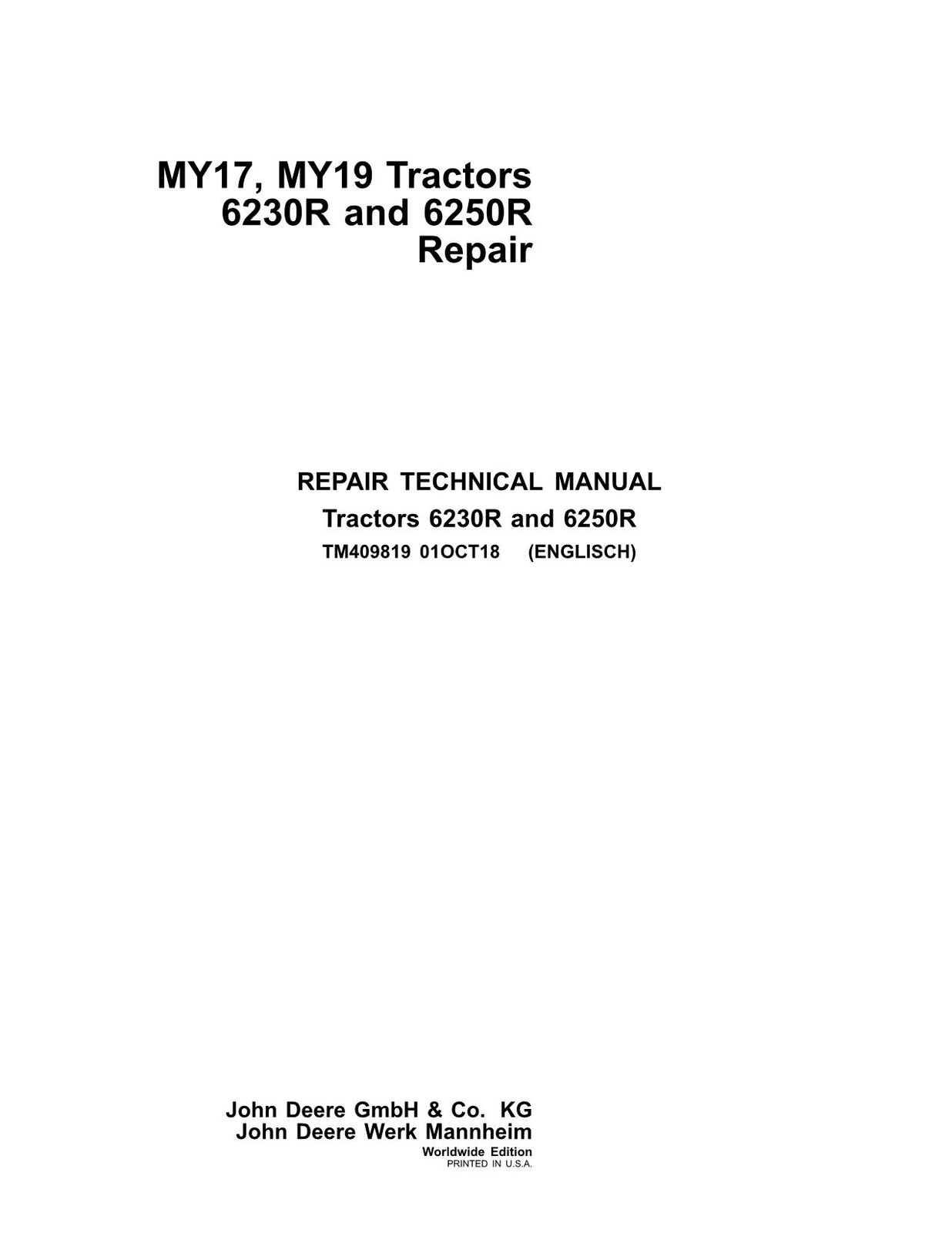 JOHN DEERE 6230R 6250R TRACTOR REPAIR SERVICE MANUAL