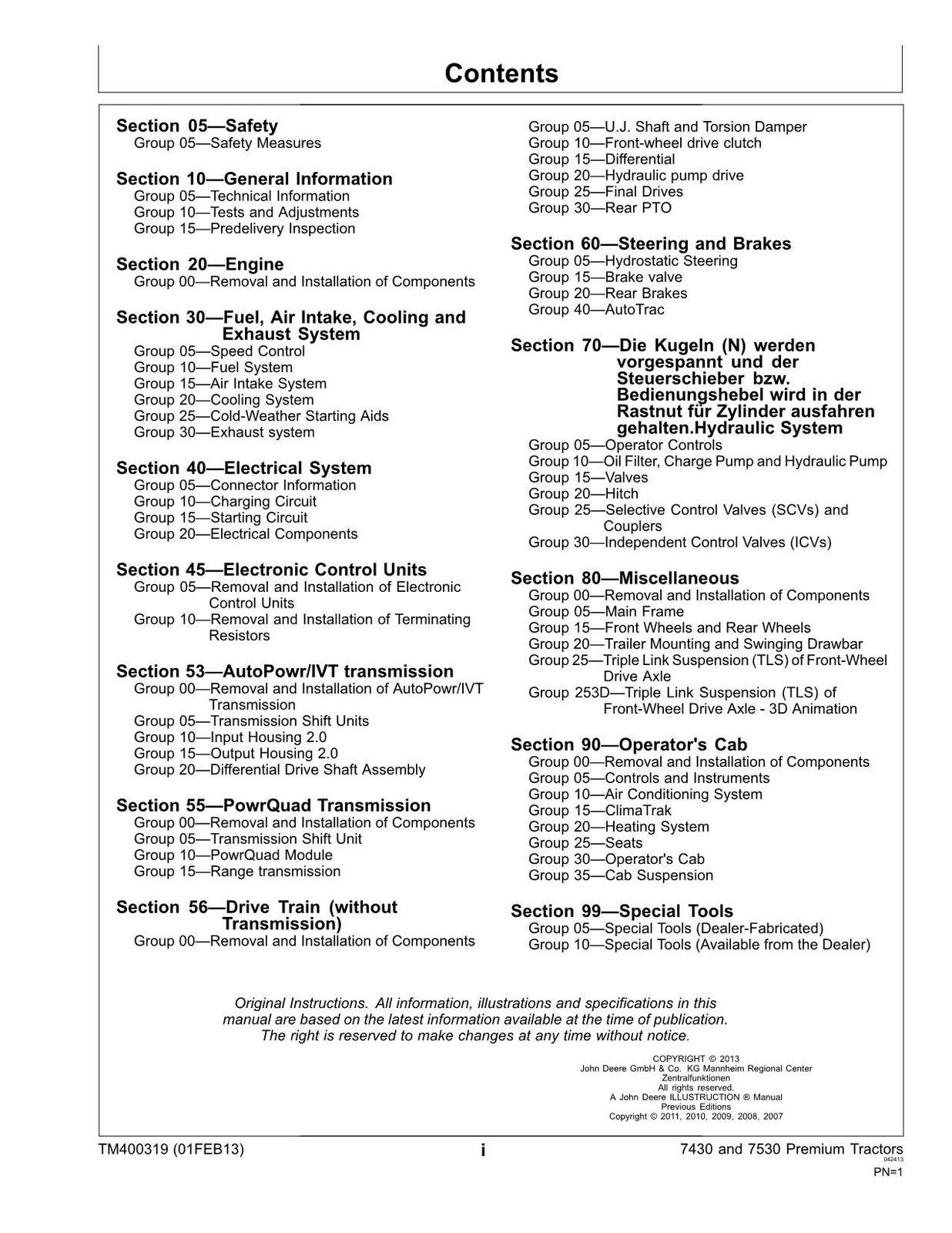 JOHN DEERE 7430 7530 PREMIUM TRACTOR REPAIR SERVICE TECHNICAL MANUAL T ...