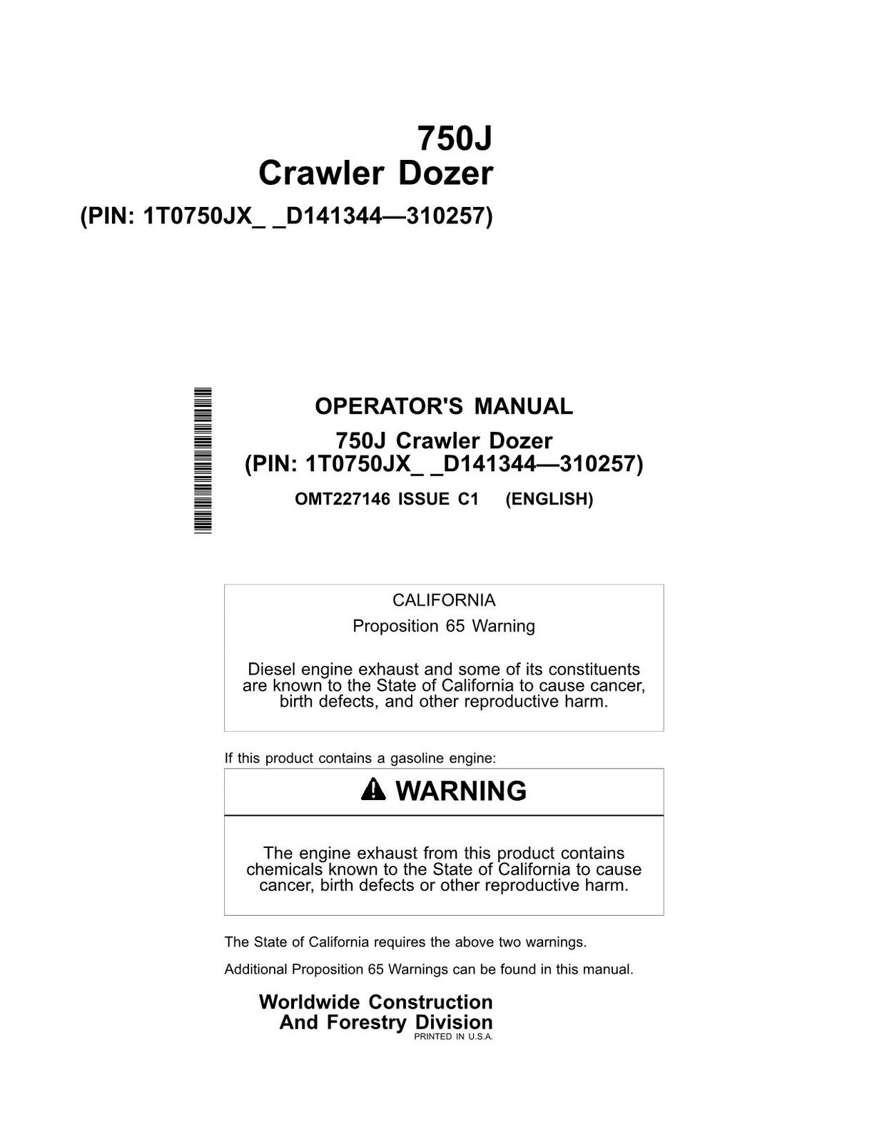 JONH DEERE 750J CRAWLER DOZER OPERATORS MANUAL