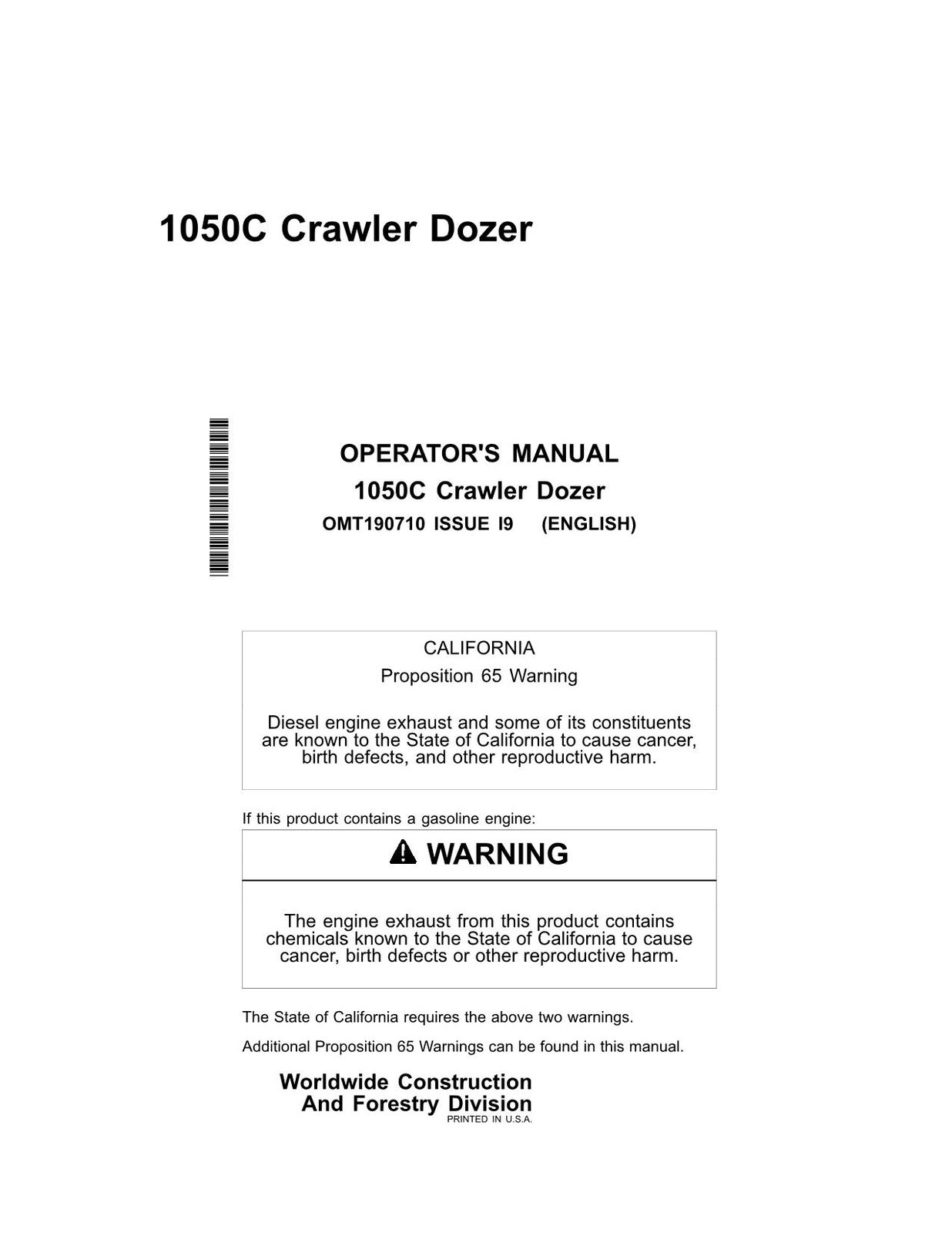 JONH DEERE 1050C CRAWLER DOZER OPERATORS MANUAL