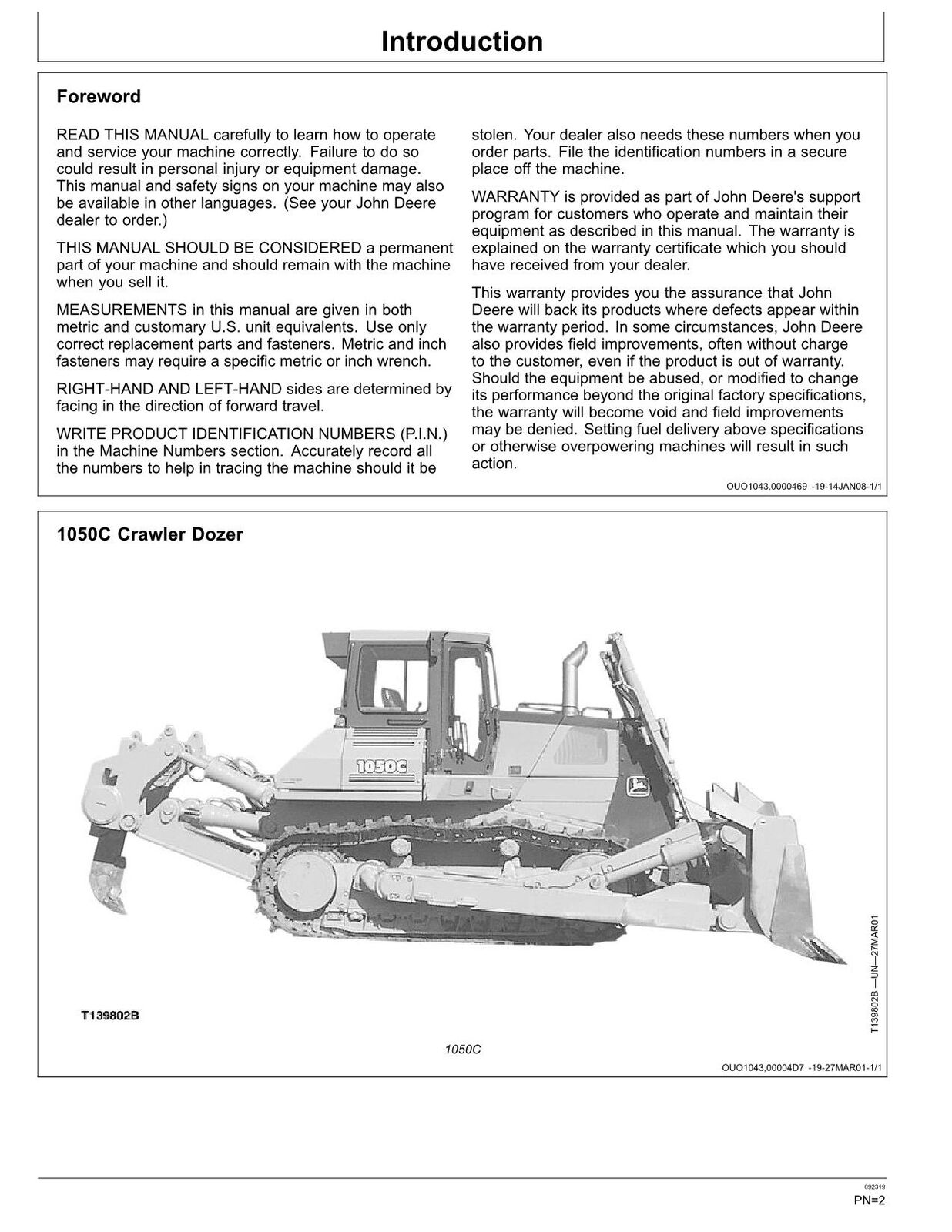 JONH DEERE 1050C CRAWLER DOZER OPERATORS MANUAL