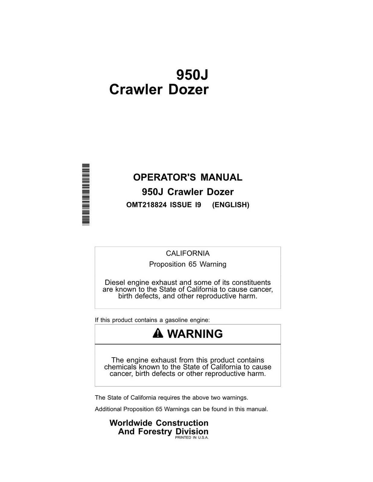 JONH DEERE 950J CRAWLER DOZER OPERATORS MANUAL