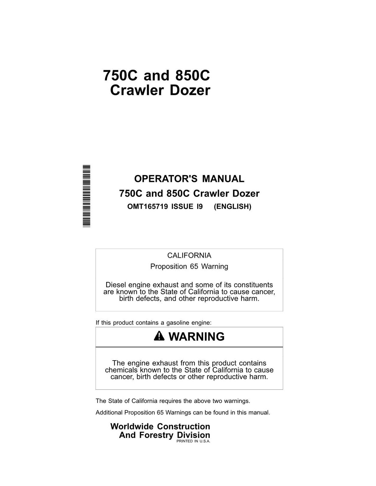 JONH DEERE 750C 850C CRAWLER DOZER OPERATORS MANUAL