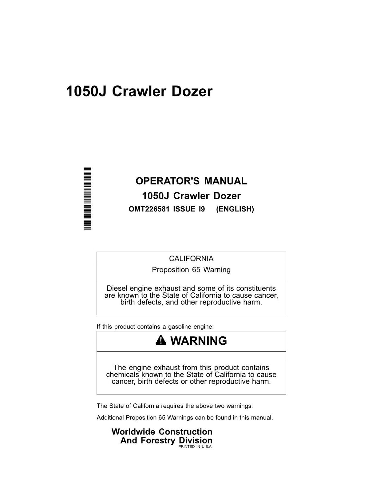 JONH DEERE 1050J CRAWLER DOZER OPERATORS MANUAL