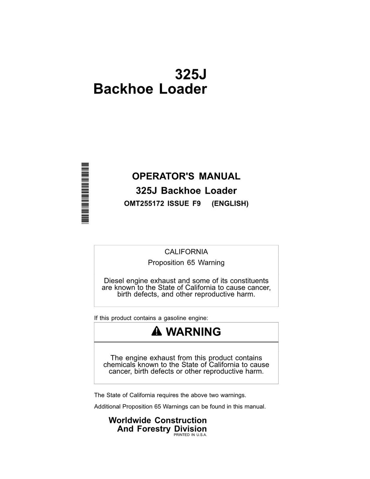 JOHN DEERE 325J BACKHOE LOADER OPERATORS MANUAL