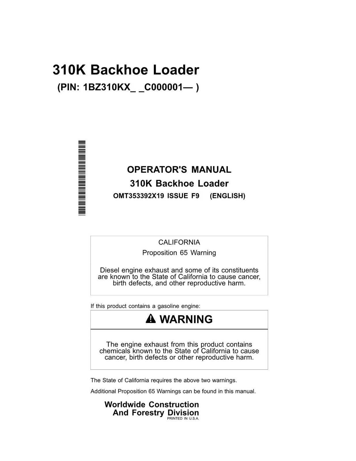 JOHN DEERE 310K BACKHOE LOADER OPERATORS MANUAL #1