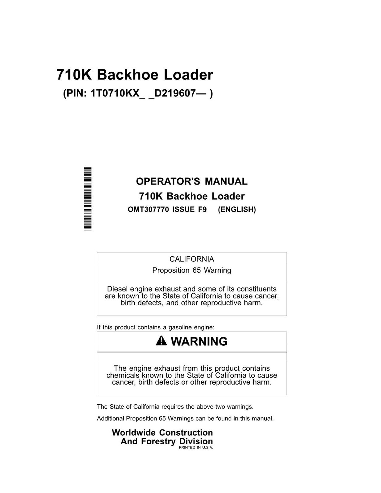 JOHN DEERE 710K BACKHOE LOADER OPERATORS MANUAL #2