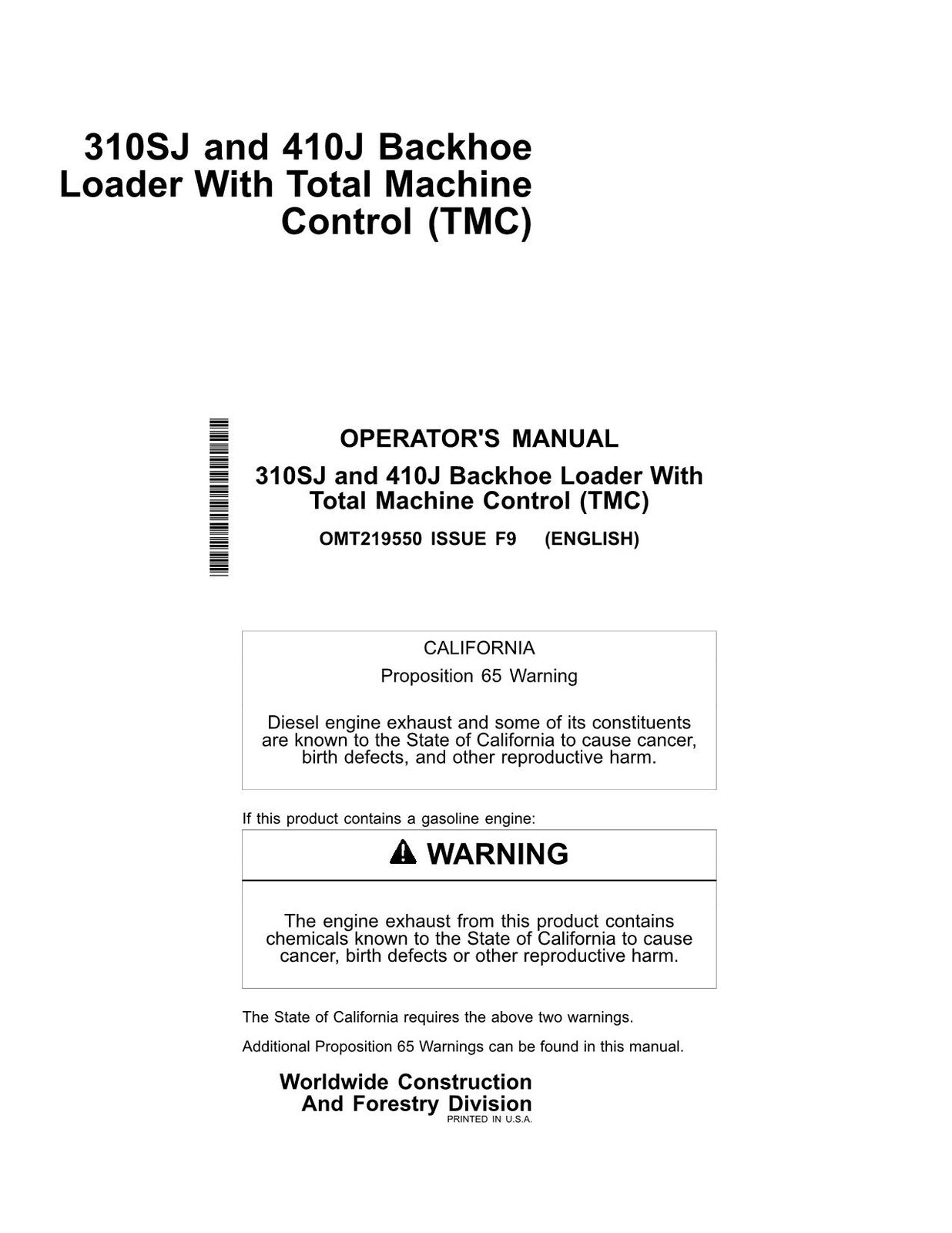 JOHN DEERE 310SJ TMC 410J TMC BACKHOE LOADER OPERATORS MANUAL