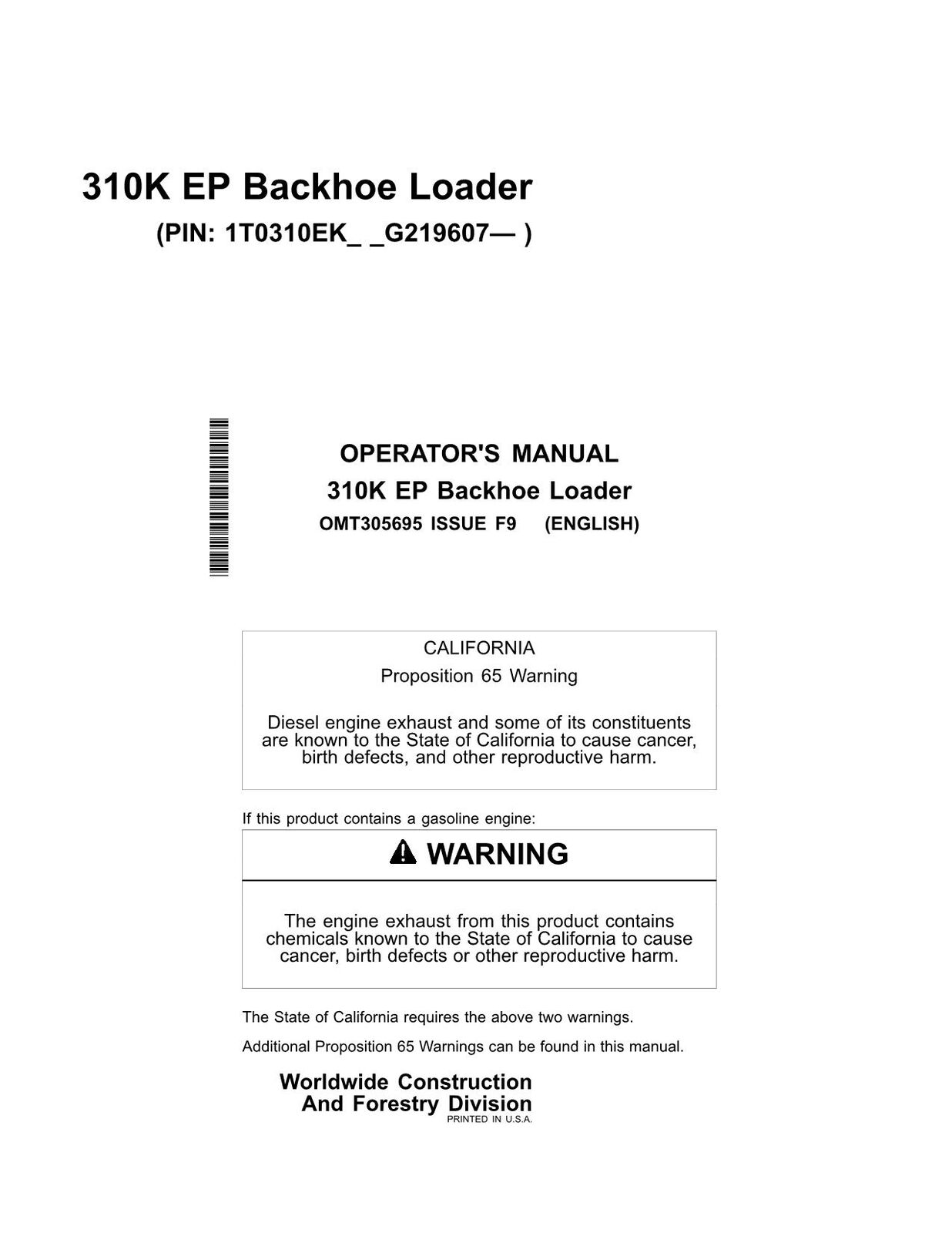 JOHN DEERE 310K EP BACKHOE LOADER OPERATORS MANUAL