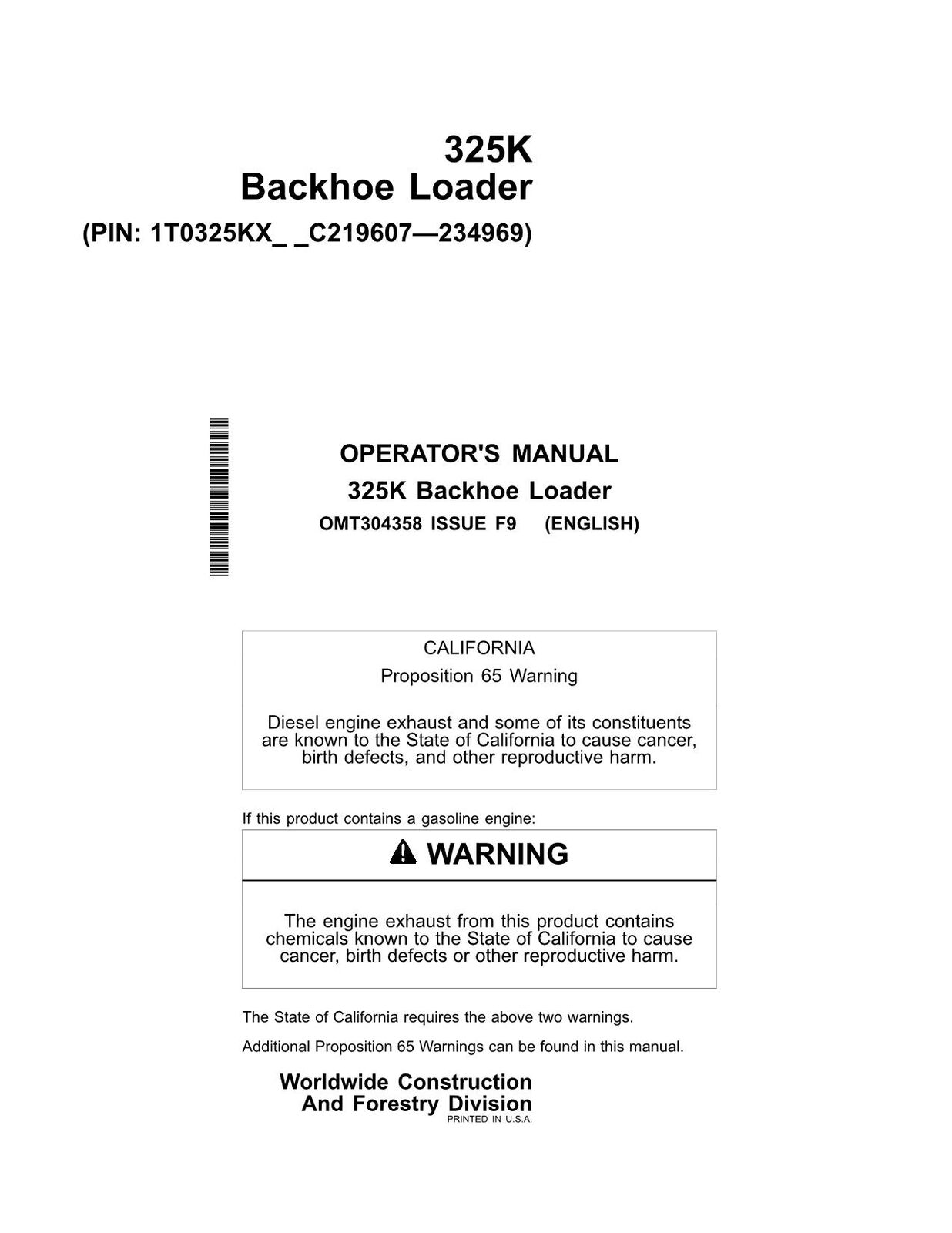 JOHN DEERE 325K BACKHOE LOADER OPERATORS MANUAL