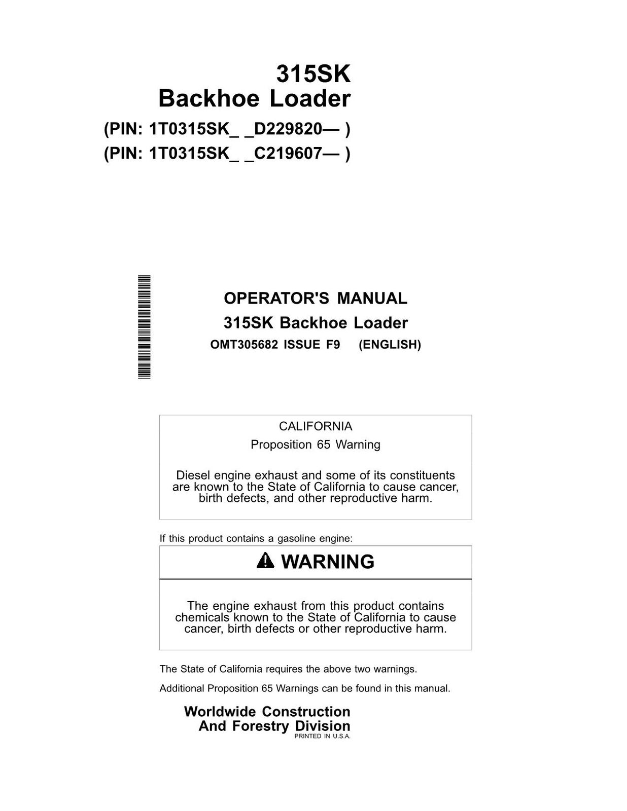 JOHN DEERE 315SK BACKHOE LOADER OPERATORS MANUAL