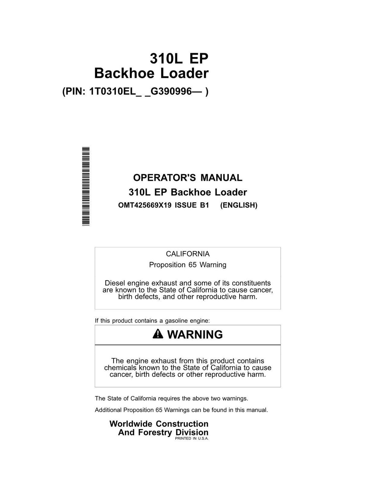 JOHN DEERE 310L EP BACKHOE LOADER OPERATORS MANUAL #3