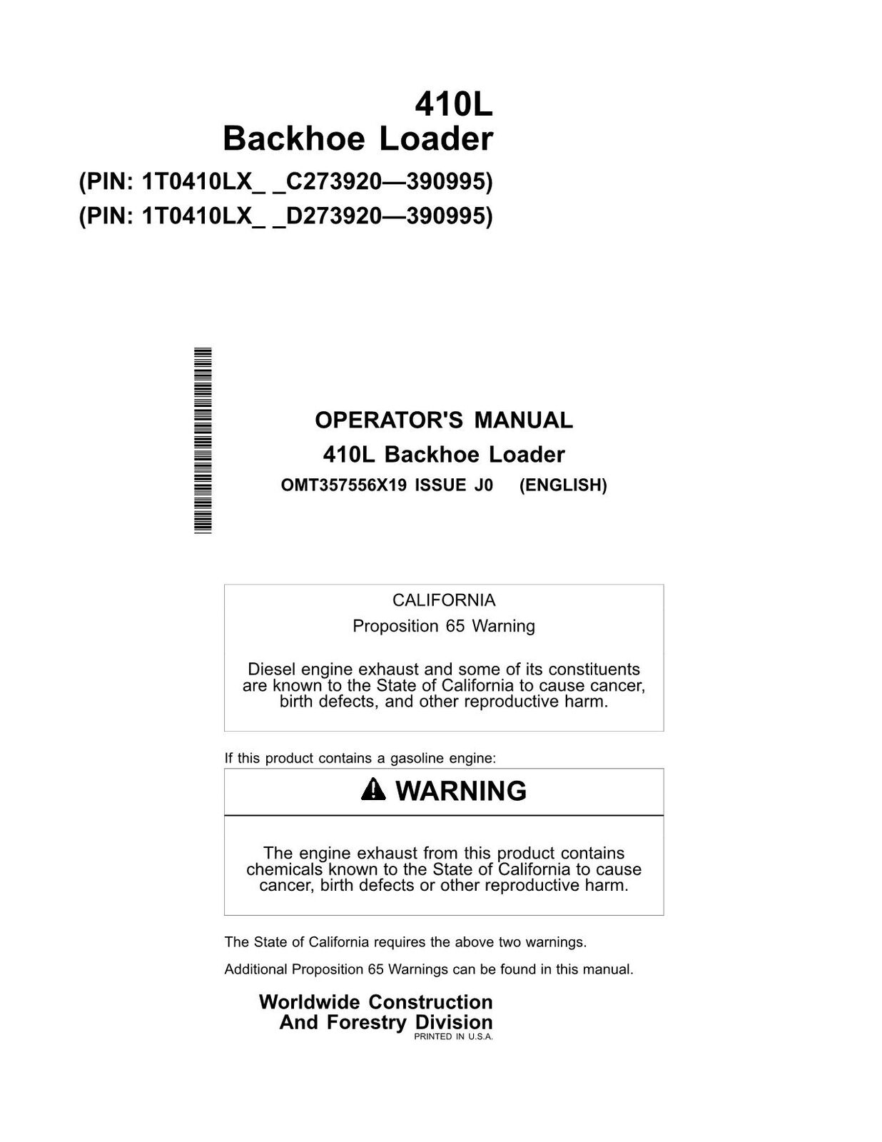 JOHN DEERE 410L BACKHOE LOADER OPERATORS MANUAL