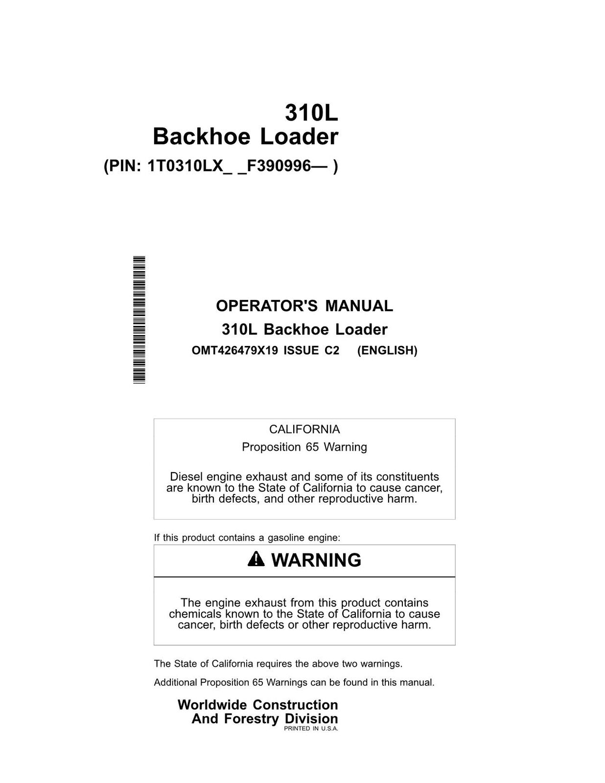 JOHN DEERE 310L BACKHOE LOADER OPERATORS MANUAL #4