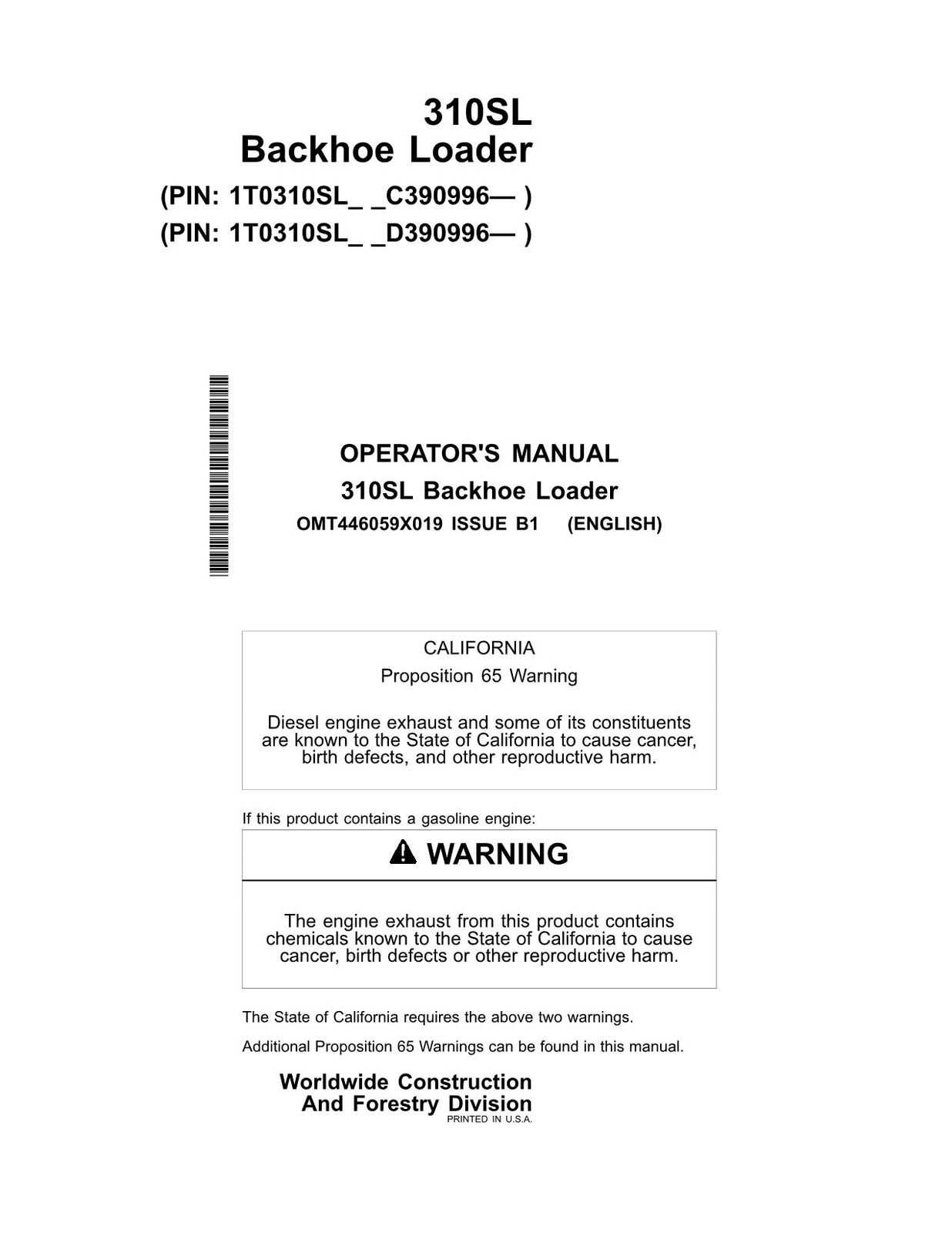 JOHN DEERE 310SL BACKHOE LOADER OPERATORS MANUAL #3