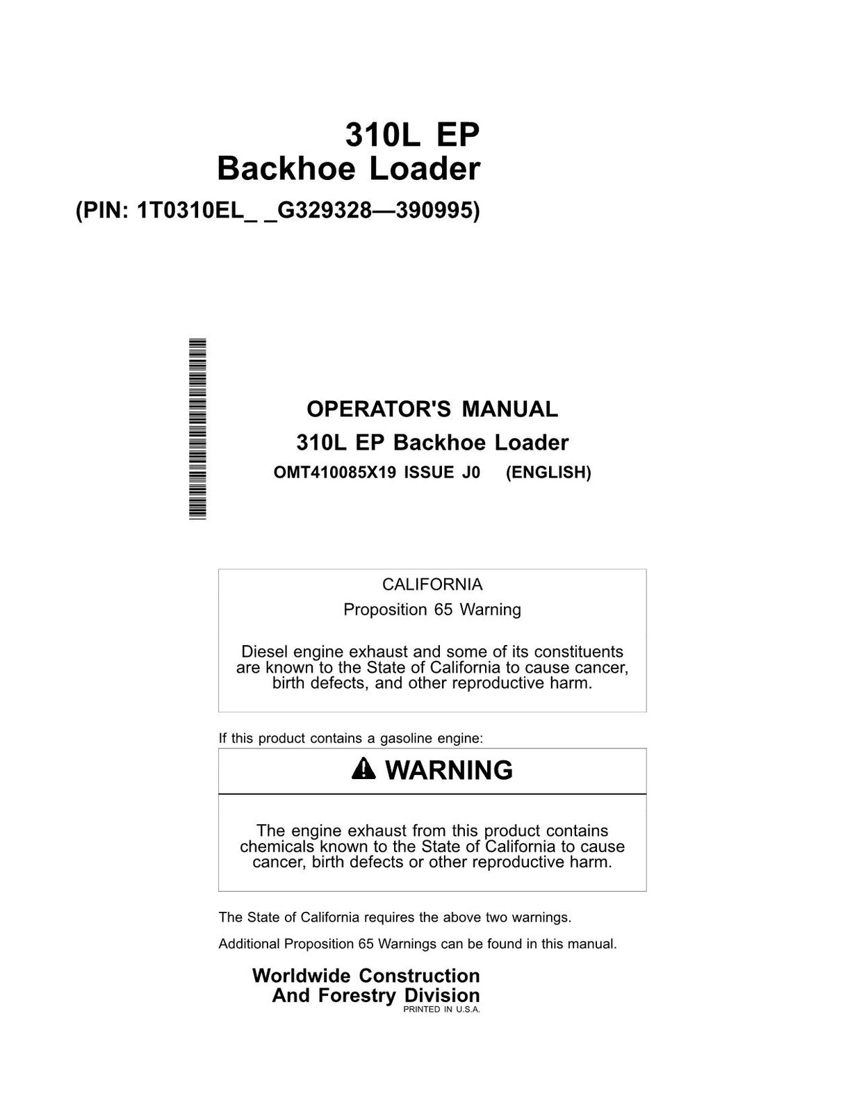 JOHN DEERE 310L EP BACKHOE LOADER OPERATORS MANUAL #2