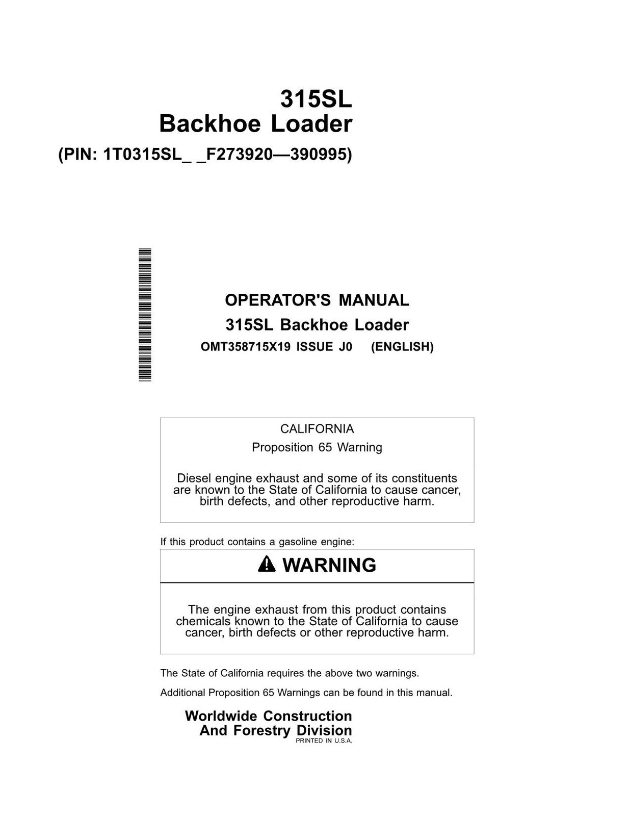 JOHN DEERE 315SL BACKHOE LOADER OPERATORS MANUAL #1