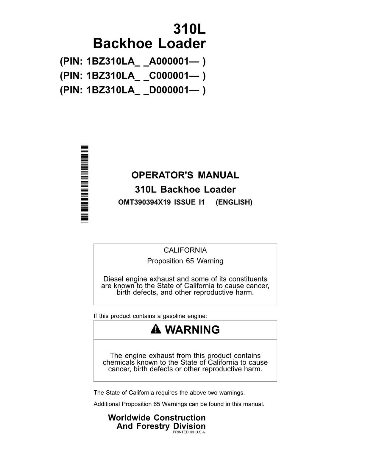 JOHN DEERE 310L BACKHOE LOADER OPERATORS MANUAL #3