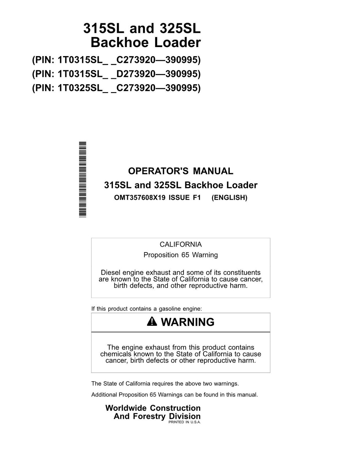 JOHN DEERE 315SL 325SL BACKHOE LOADER OPERATORS MANUAL #2