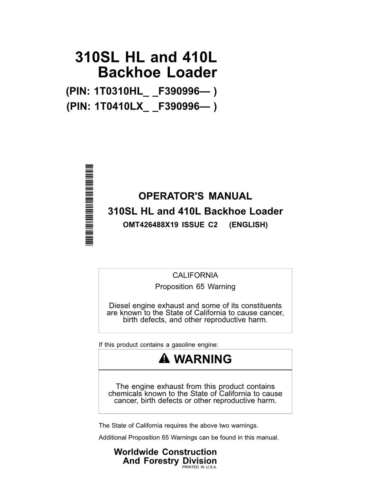 JOHN DEERE 310SL HL 410L BACKHOE LOADER OPERATORS MANUAL #2