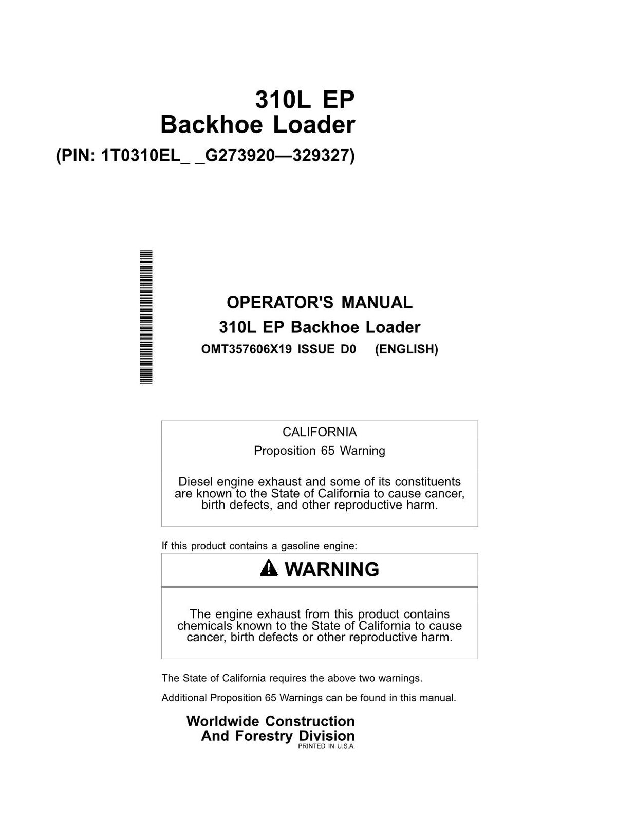 JOHN DEERE 310L EP BACKHOE LOADER OPERATORS MANUAL #1