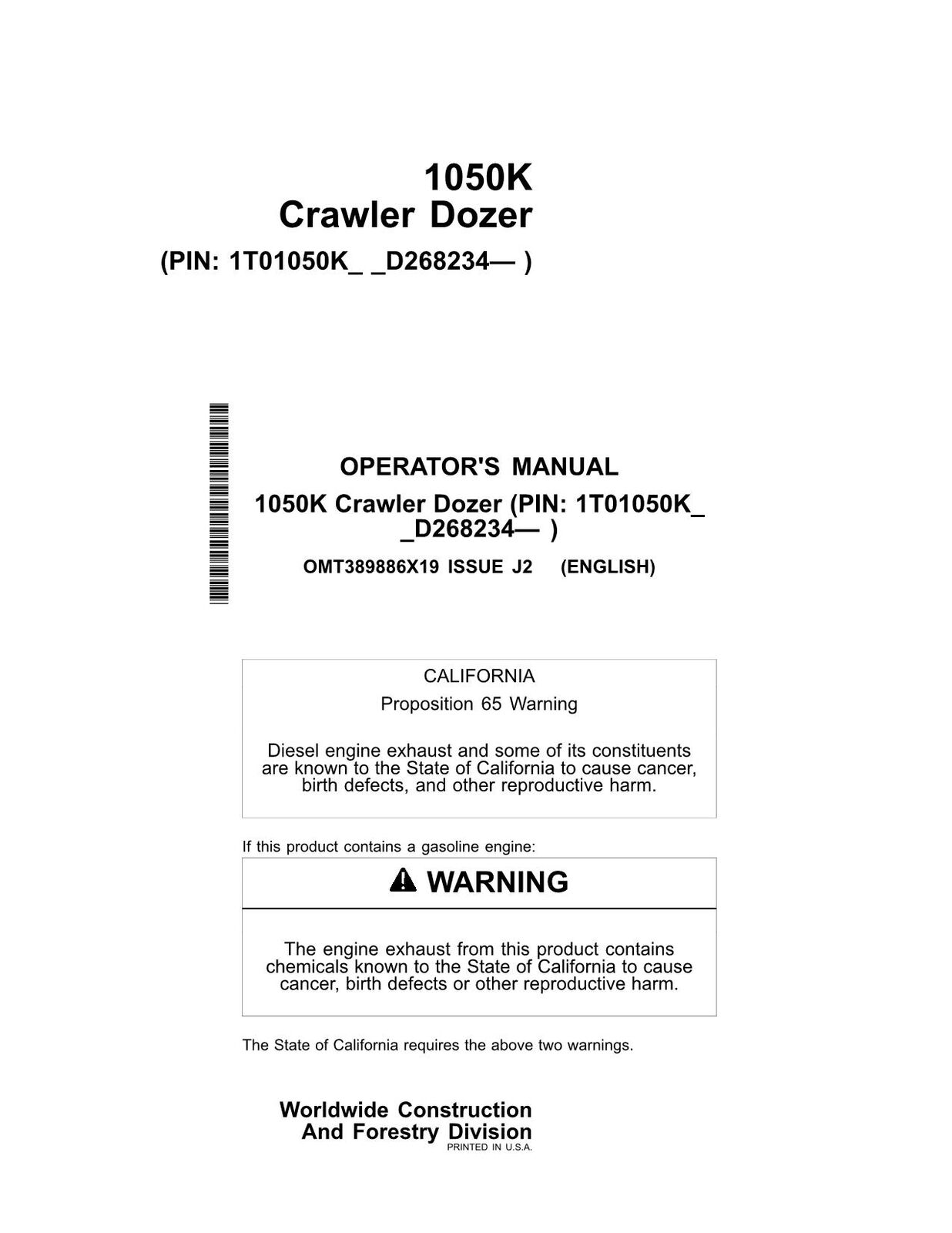 JONH DEERE 1050K CRAWLER DOZER OPERATORS MANUAL #1