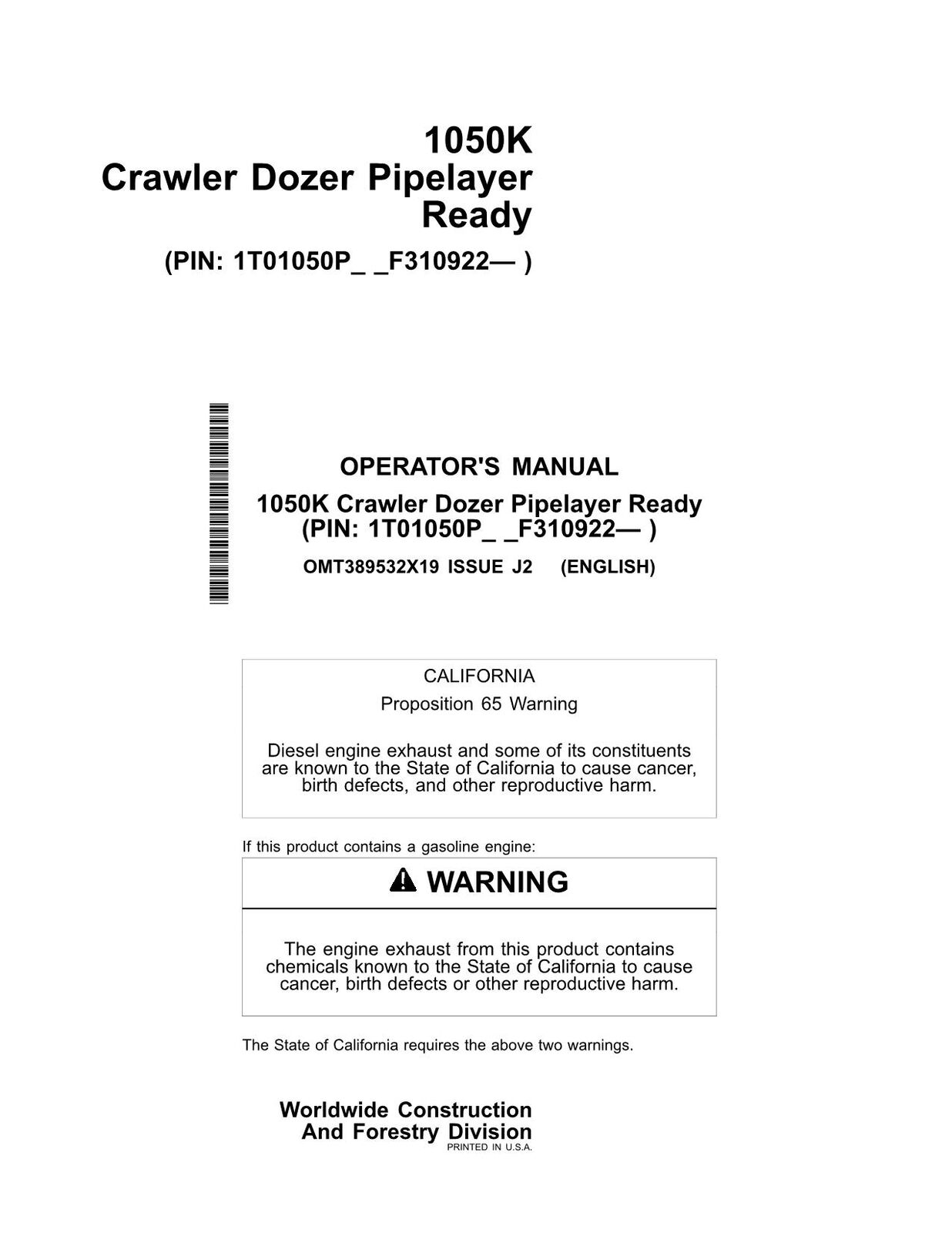 JONH DEERE 1050K PL CRAWLER DOZER OPERATORS MANUAL