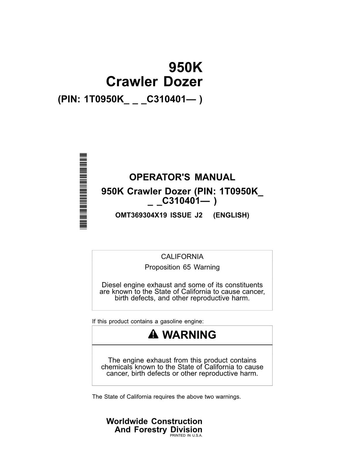 JONH DEERE 950K CRAWLER DOZER OPERATORS MANUAL #1