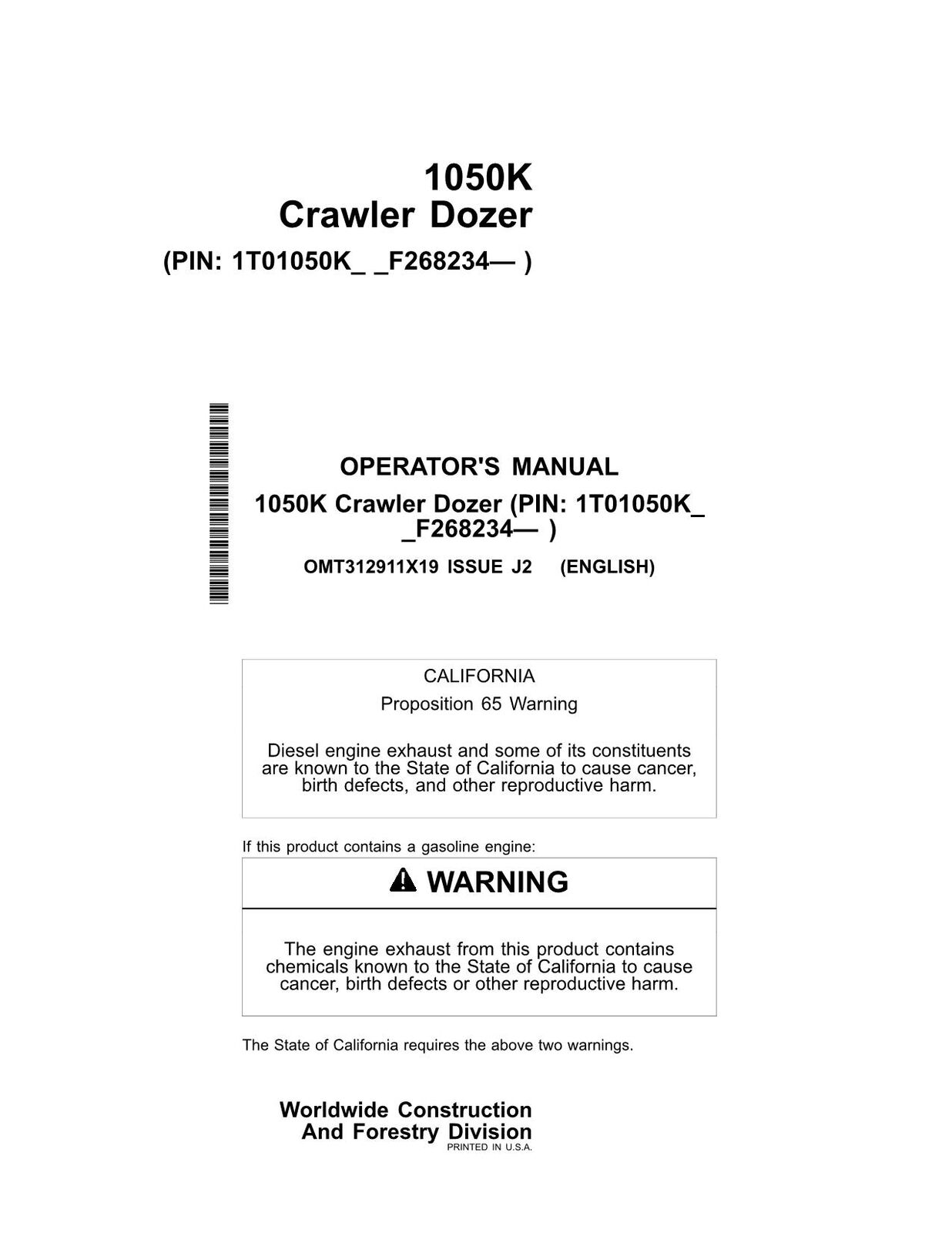 JONH DEERE 1050K CRAWLER DOZER OPERATORS MANUAL #2