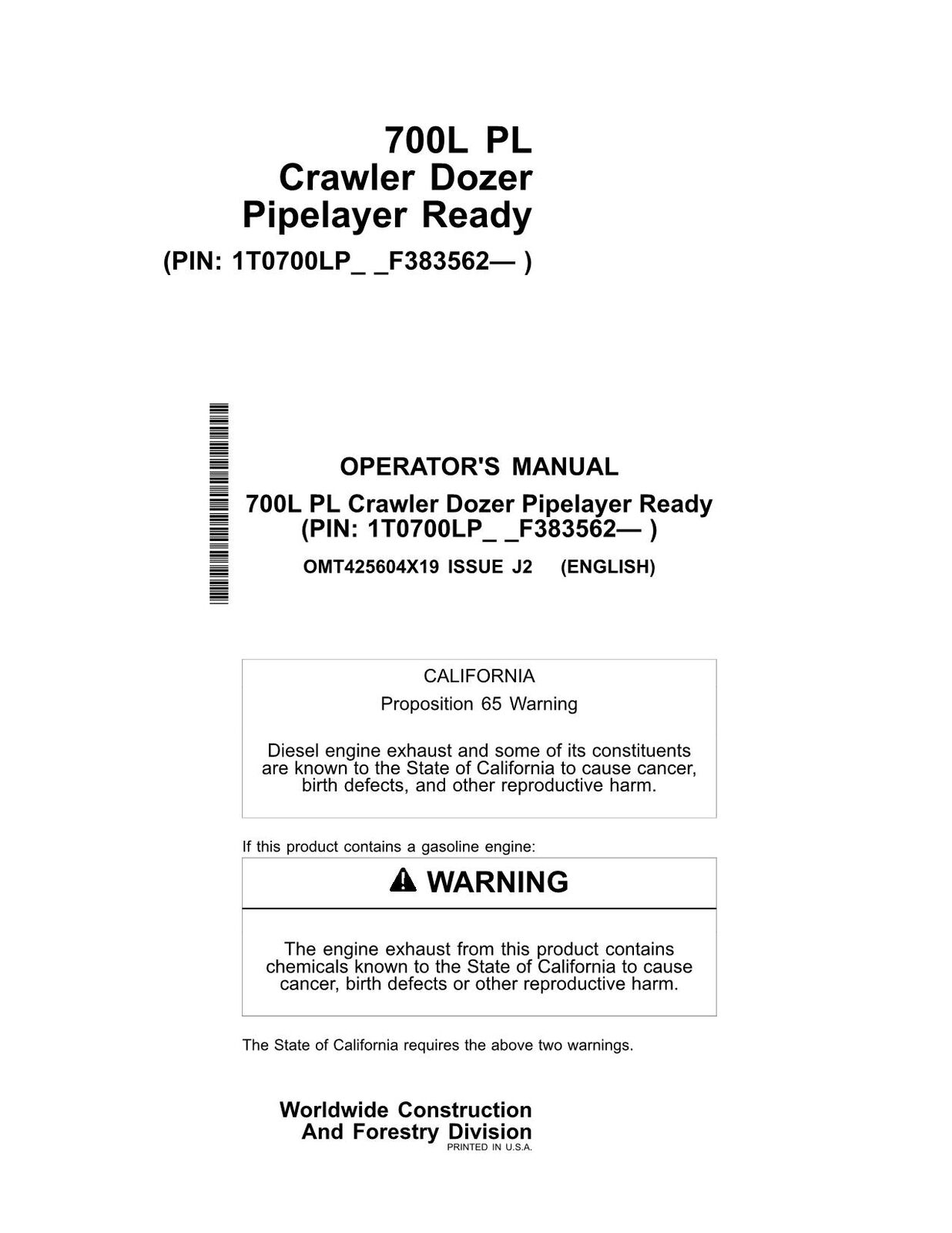 JONH DEERE 700L PL CRAWLER DOZER OPERATORS MANUAL