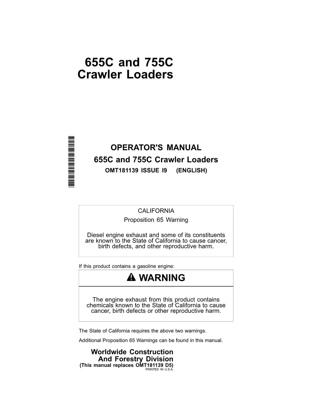 JONH DEERE 655C 755C CRAWLER LOADER OPERATORS MANUAL