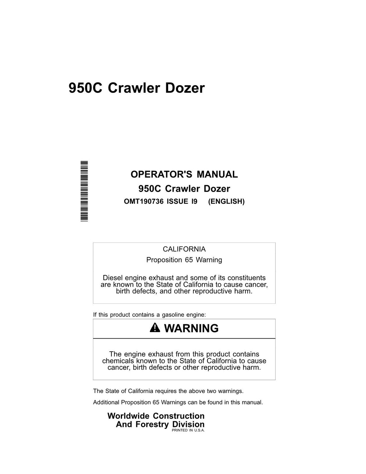 JONH DEERE 950C CRAWLER LOADER OPERATORS MANUAL