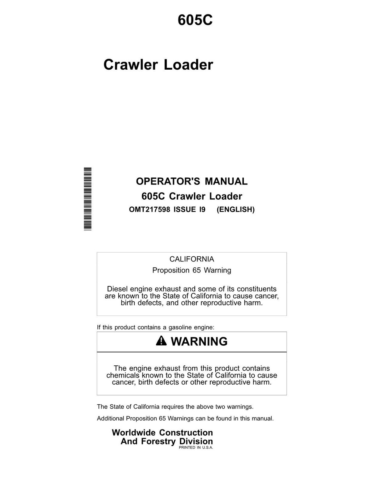 JONH DEERE 605C CRAWLER LOADER OPERATORS MANUAL