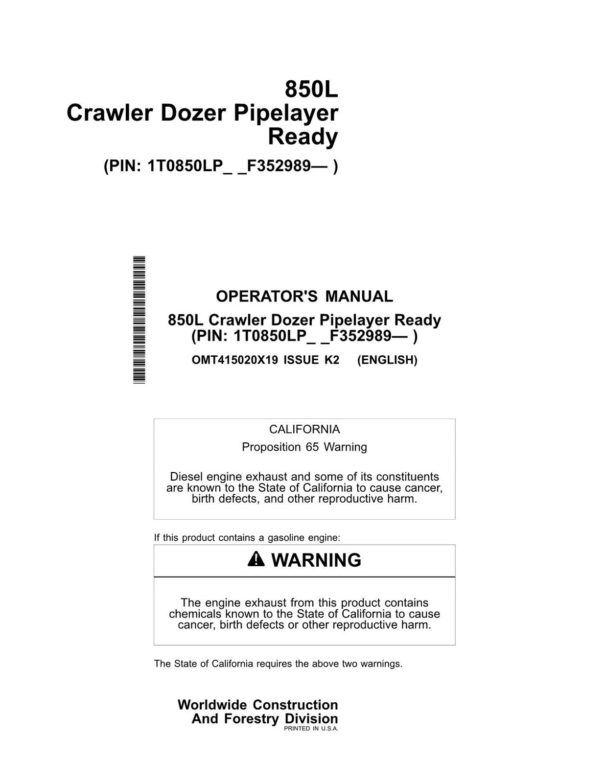 JONH DEERE 850L PL CRAWLER DOZER OPERATORS MANUAL