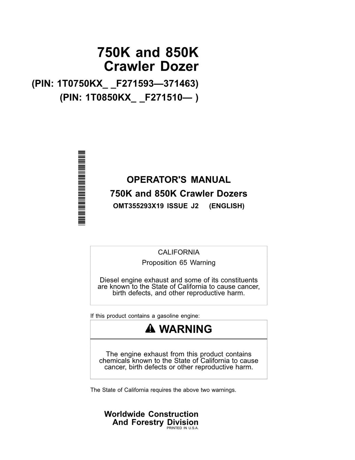 JONH DEERE 750K 850K CRAWLER DOZER OPERATORS MANUAL