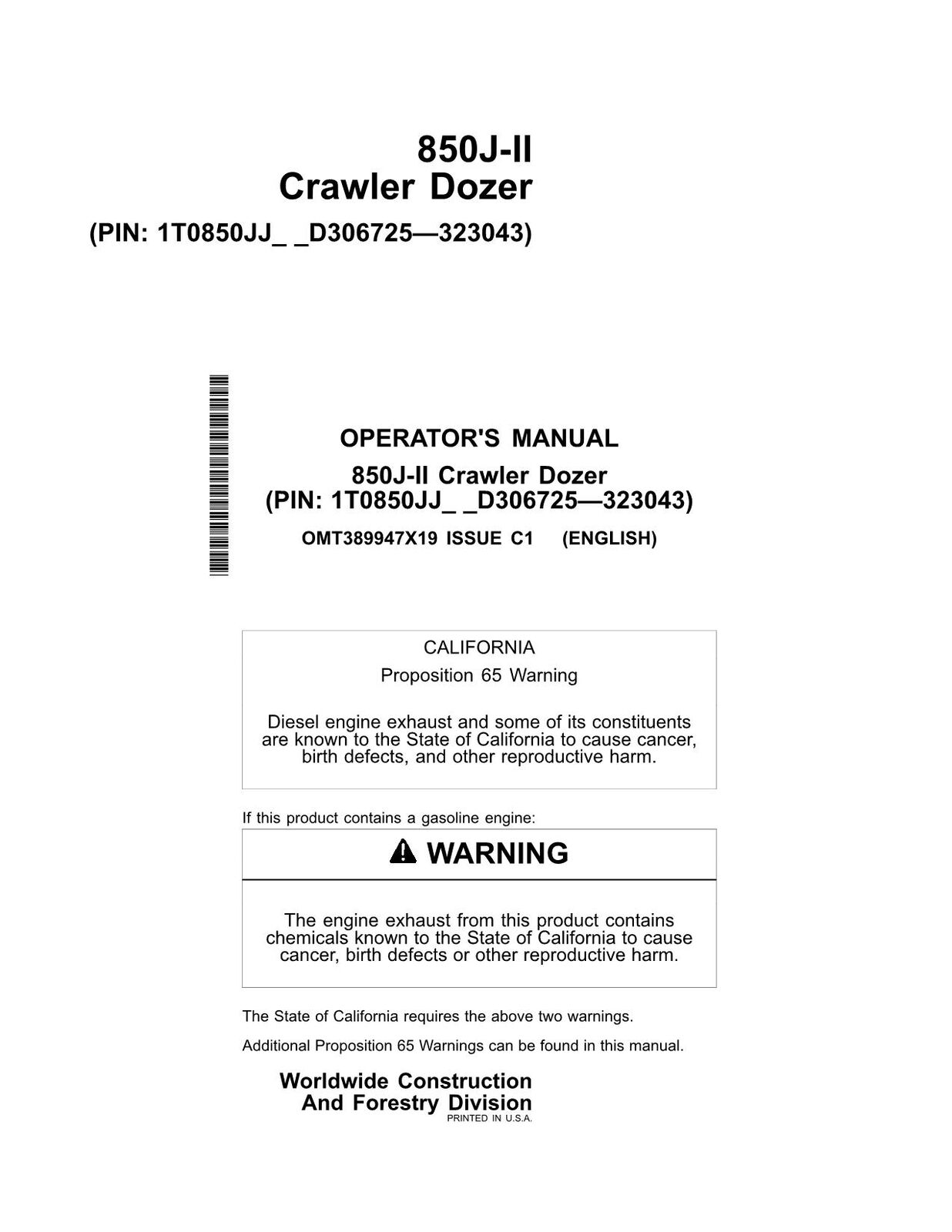 JONH DEERE 850J-II 850J II CRAWLER DOZER OPERATORS MANUAL #1