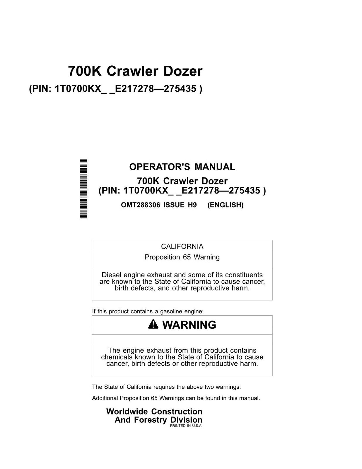 JONH DEERE 700K CRAWLER DOZER OPERATORS MANUAL #1